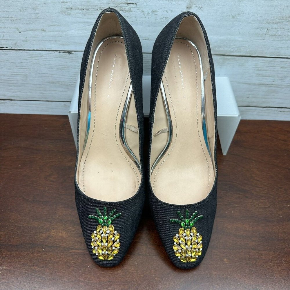 Zara Woman Denim Slip On Block Heel Shoes Rhinestone Pineapple Size 9.5 / 40 - Picture 6 of 9